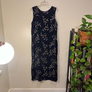 Vintage Navy Silk Sleeveless Dress with Leaf Pattern